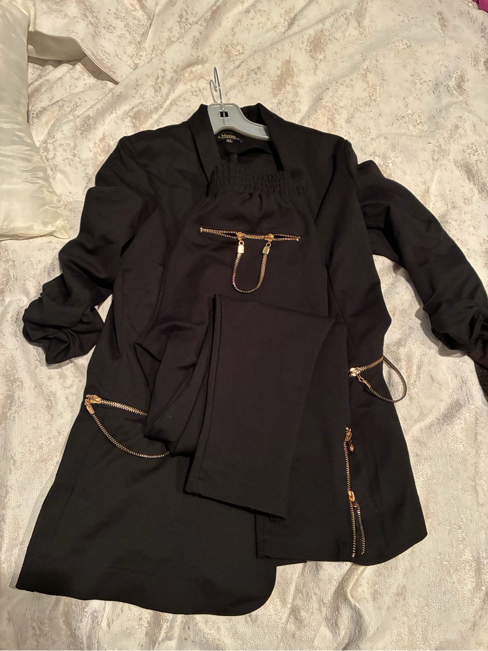 Black Women's Jacket and pants set  with Gold Zipper Accents